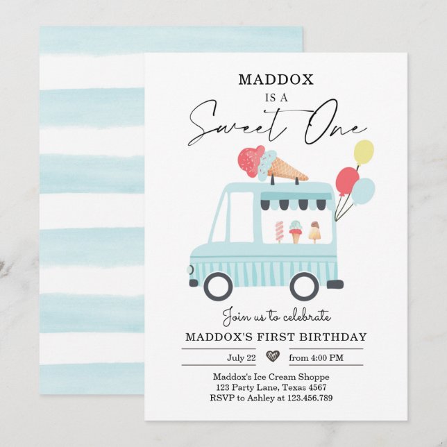 Ice Cream Lastbil 1:a födelsedagen Inbjudan Boy Sw (Fram/baksida)