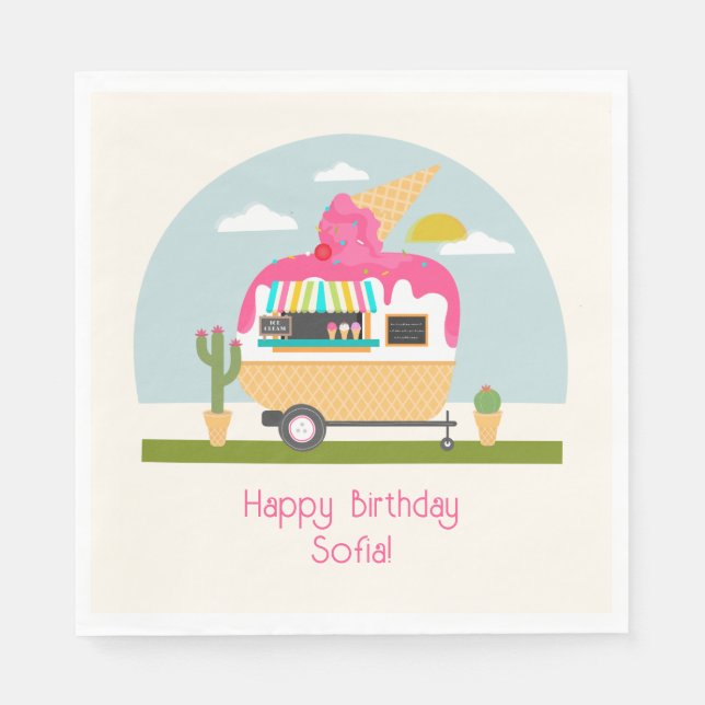 Ice Cream Lastbil Camper Girls Rosa Birthday Pappersservett (Framsidan)