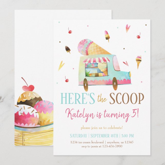 Ice Cream Lastbil födelsedag Inbjudningar (Fram/baksida)