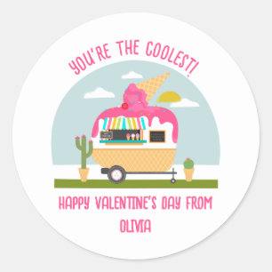 Ice Cream Lastbil Rosa Classroom Valentine Runt Klistermärke
