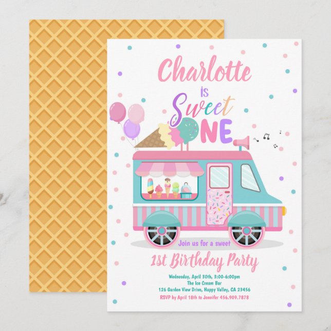 Ice Cream Lastbil Sweet One 1st Birthday Party Inbjudningar (Fram/baksida)