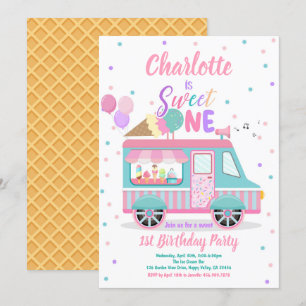 Ice Cream Lastbil Sweet One 1st Birthday Party Inbjudningar