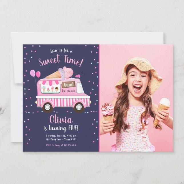 Ice Cream Lastbil Sweet Time Rosa Girl Bird Inbjudningar (Framsida)