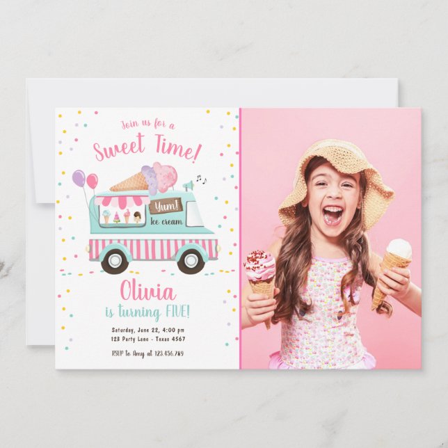 Ice Cream Lastbil Sweet Time Rosa Girl Bird Inbjudningar (Framsida)