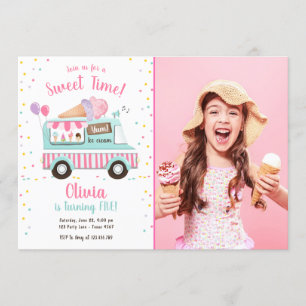 Ice Cream Lastbil Sweet Time Rosa Girl Bird Inbjudningar