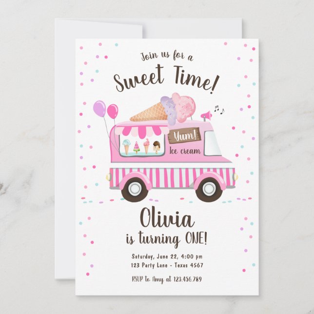 Ice Cream Lastbil Sweet Time Rosa Girl Bird Inbjudningar (Framsida)