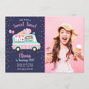 Ice Cream Lastbil Sweet Time Rosa Girl Birthday Inbjudningar
