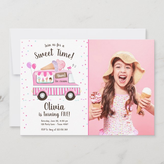 Ice Cream Lastbil Sweet Time Rosa Girl Birthday Inbjudningar (Framsida)