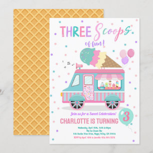 Ice Cream Lastbil Tre Scoops Roligt 3rd Birthday Inbjudningar