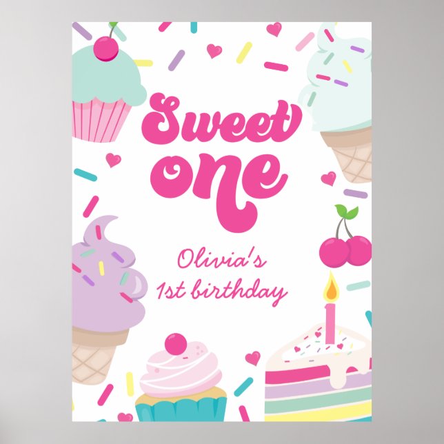 Ice Cream och Cake Sweet One 1st Birthday Poster (Framsidan)