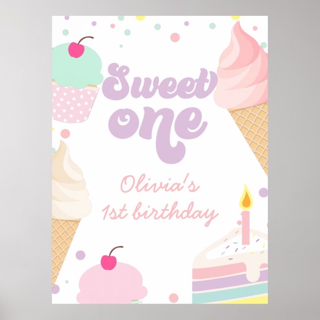 Ice Cream och Cake Sweet One 1st Birthday Poster (Framsidan)