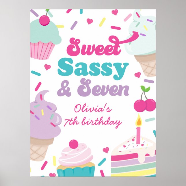 Ice Cream och Cake Sweet Sassy Seven 7:e Birthday Poster (Framsidan)