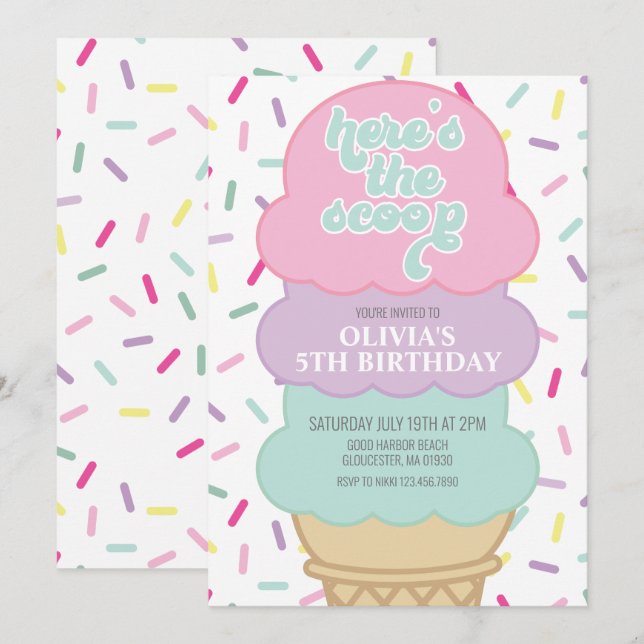 Ice Cream och Sprinkles Birthday Inbjudningar (Fram/baksida)