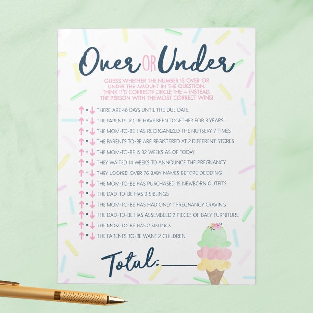 Ice Cream over eller under Shower Game Pack Anteckningsblock (Over or Under Ice Cream Scooped Up Bridal Shower Game Pack of 40 Answer Sheets)