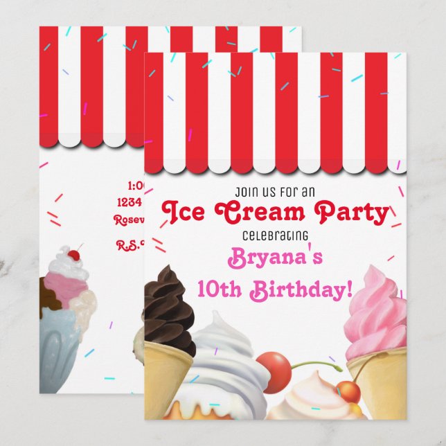 Ice Cream Parlor Party Birthday Celebréred in Inbjudningar (Fram/baksida)