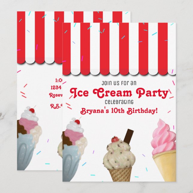 Ice Cream Parlor Party Birthday Firation Red Inbjudningar (Fram/baksida)