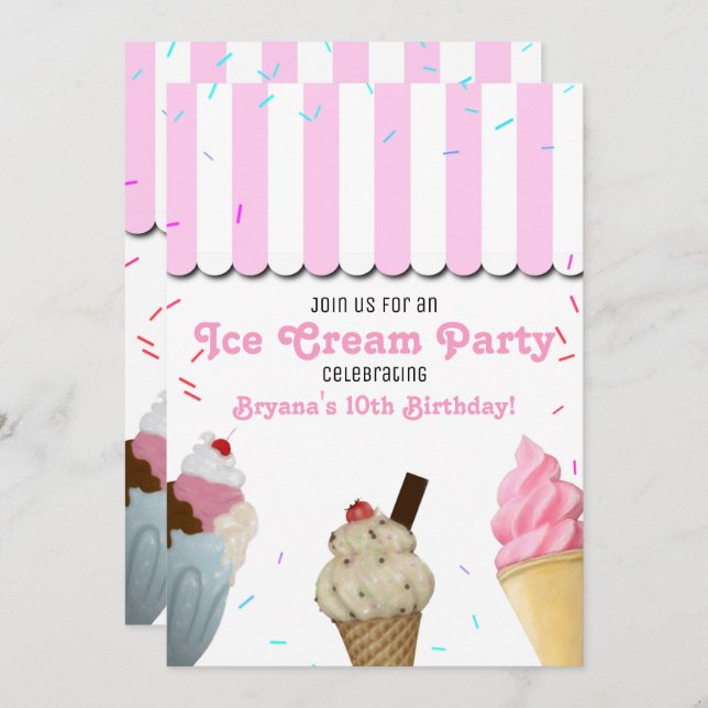 Ice Cream Parlor Party Birthday Firation Rosa I Inbjudningar (Fram/baksida)