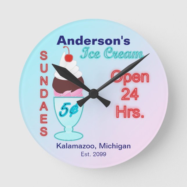 Ice Cream Parlor Sundaes Clock Signs Rund Klocka (Framsida)