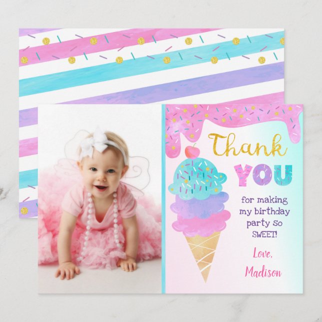 Ice Cream Party Birthday Tack you Cards Inbjudningar (Fram/baksida)
