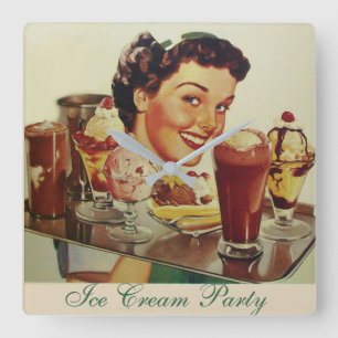 ICE CREAM PARTY Girl with Tray of Ice Creams Fyrkantig Klocka