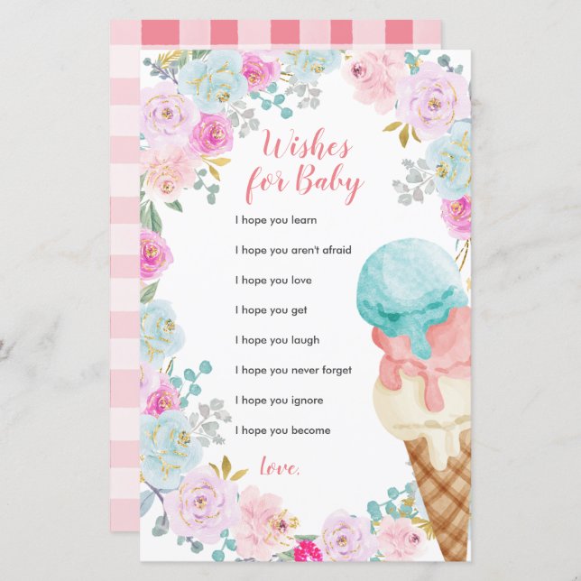 Ice Cream Pastel Flowers Önskemål för Baby Card (Fram/baksida)
