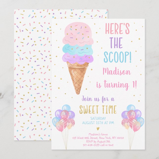 Ice Cream Pastel Här är The Scoop Birthday Inbjudningar (Fram/baksida)