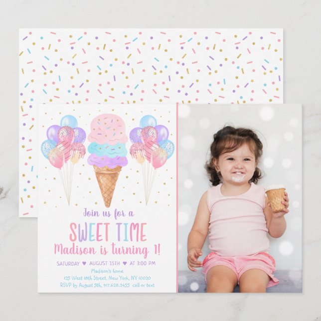 Ice Cream Pastel Rainbow Birthday Inbjudningar (Fram/baksida)
