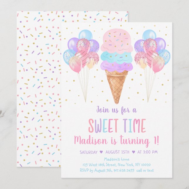 Ice Cream Pastel Rainbow Birthday Inbjudningar (Fram/baksida)