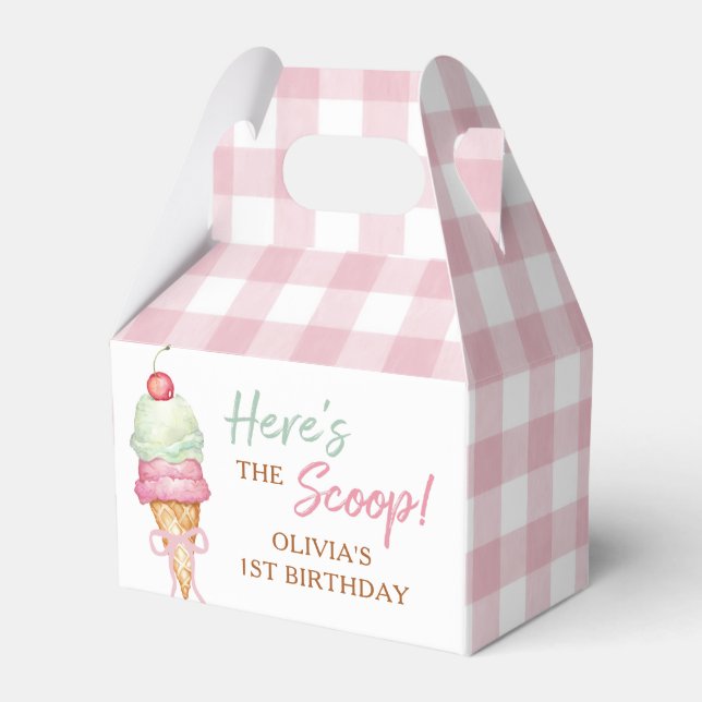 Ice Cream Pink Bow Gingham Birthday Party Presentaskar (Framsidan Sidan)