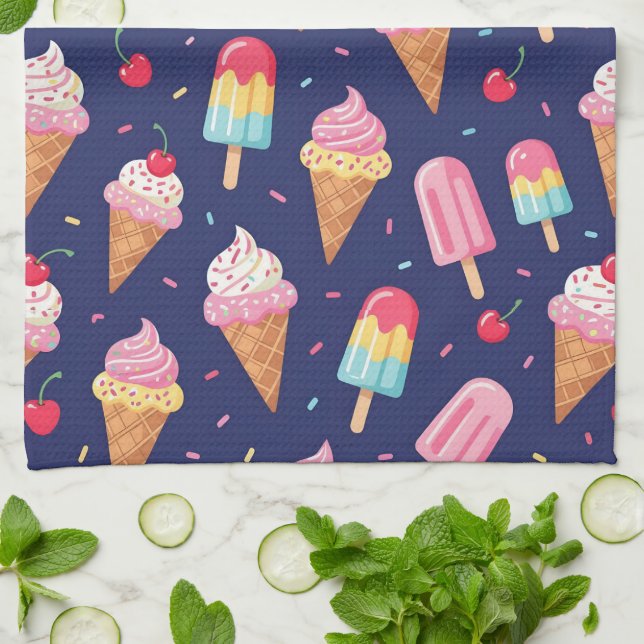 Ice cream, popsicles and cherries pattern kökshandduk (Vikta)