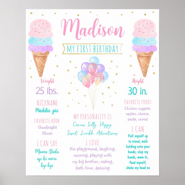 Ice Cream Rosa Guld Första födelsedagsmomsten Poster (Framsidan)