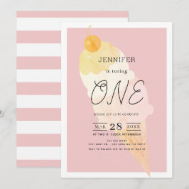 Ice Cream Rosa Rand Girl 1:a födelsedagen Inbjudningar