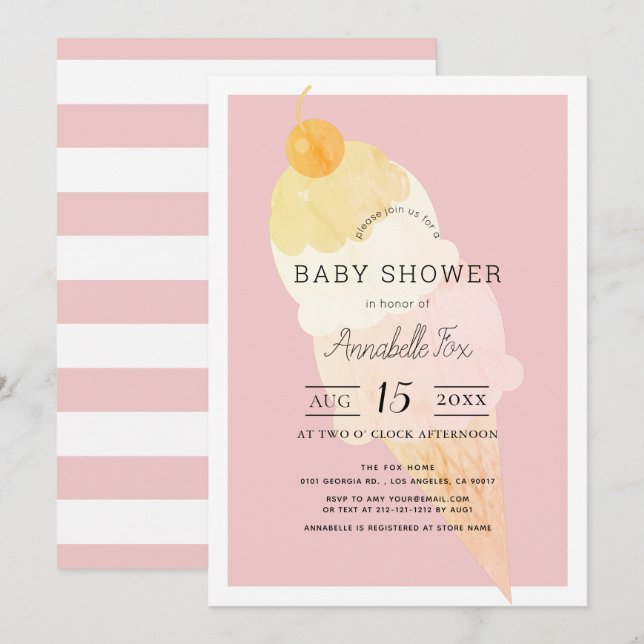 Ice Cream Rosa Rand Girl Baby Shower Inbjudningar (Fram/baksida)