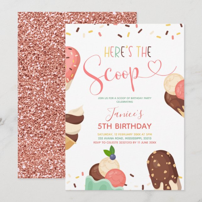Ice Cream Scoop Girl Birthday-inbjudan Inbjudningar (Fram/baksida)