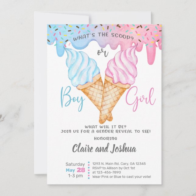 Ice Cream Scoops Gender Reveal invitation. Inbjudningar (Framsida)