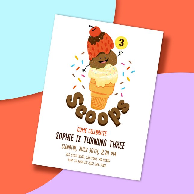 Ice Cream Scoops Kids 3rd Birthday Party Inbjudan (Skapare uppladdad)