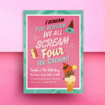 Ice Cream Scoops Kids 4e födelsedagen Party Inbjud Inbjudningar<br><div class="desc">Jag,  din Skräm,  vi alla kräm,  fyra iskrämer. Anpassade Ice kräm temade födelsedagsfest inbjudan för att flicka eller pojke skulle vända fyra. Pastel färg och leende glass för coola,  roligt firande. Grönt med abstrakt kongrafik på baksidan.</div>