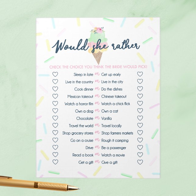 Ice Cream skulle hon hellre Möhippa Game Pack Anteckningsblock (Would She Rather Ice Cream Scooped Up Bridal Shower Game Pack of 40 Answer Sheets)
