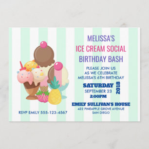 Ice Cream Social Födelsedagsfest Inbjudan