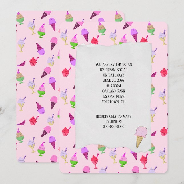 Ice Cream Social Party cones Inbjudningar (Fram/baksida)