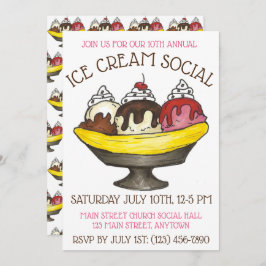 Ice Cream Social Party Dessert Banana Split Sundae Inbjudningar