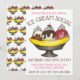 Ice Cream Social Party Dessert Banana Split Sundae Inbjudningar