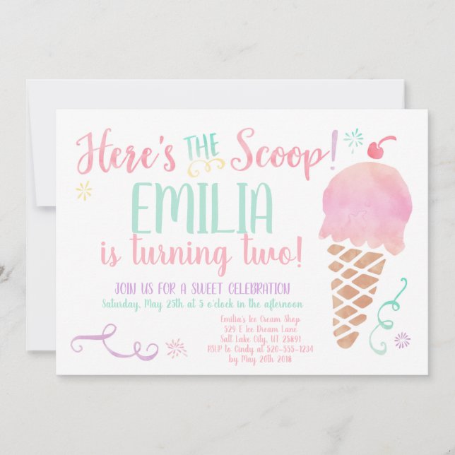 Ice Cream Social Watercolor Birthday-inbjudan Inbjudningar (Framsida)