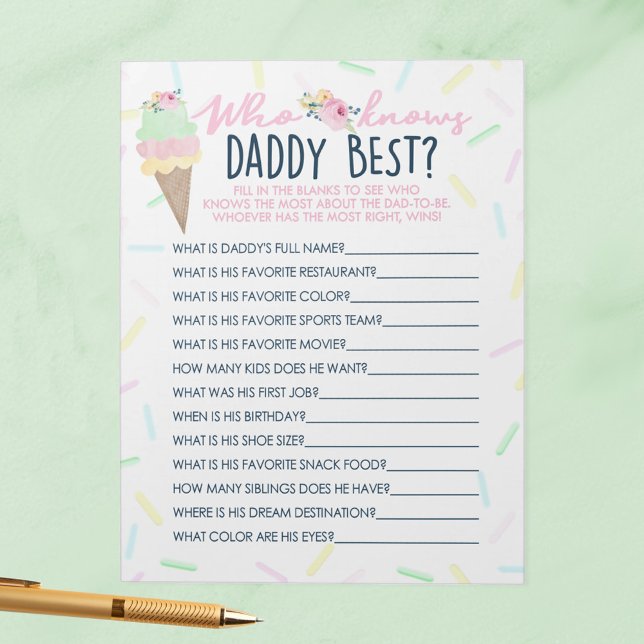 Ice Cream som känner pappa Best Shower Game Pack Anteckningsblock (Who Knows Daddy Best Baby Shower Game Pack of 40 Game Sheets for Ice Cream Sprinkle Baby Shower)