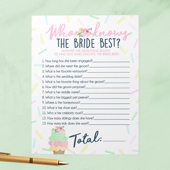 Ice Cream som känner till det bästa spelpaketet Anteckningsblock (Who Knows the Bride Best Ice Cream Scooped Up Bridal Shower Game Pack of 40 Answer Sheets)