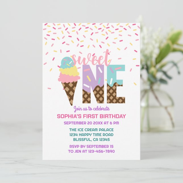 Ice Cream & Sprinkles Sweet One 1st Birthday Inbjudningar (Stående Fram)