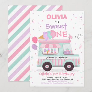 Ice Cream Sweet One Birthday Ice Cream Lastbil Inbjudningar