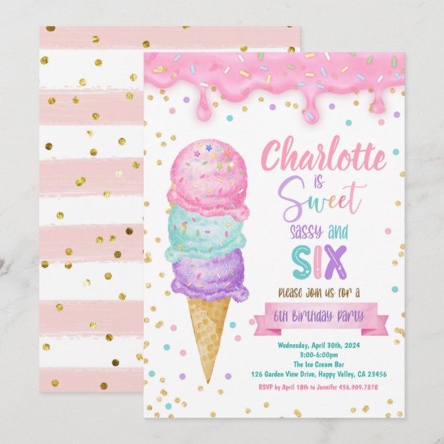 Ice Cream Sweet Sassy och Sex 6e Födelsedagsfest Inbjudningar (Fram/baksida)