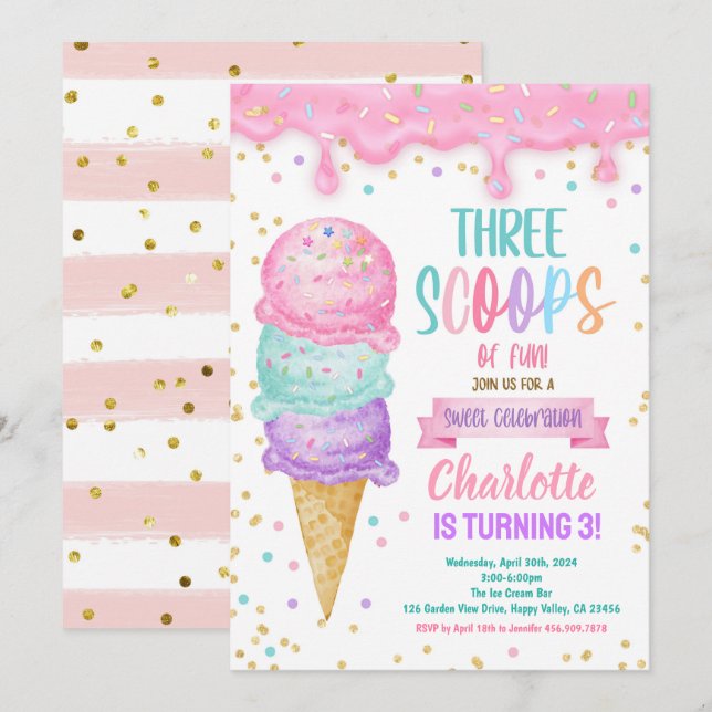 Ice Cream Tre Scoops Roligt 3rd Birthday Party Inbjudningar (Fram/baksida)