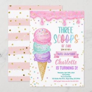 Ice Cream Tre Scoops Roligt 3rd Birthday Party Inbjudningar